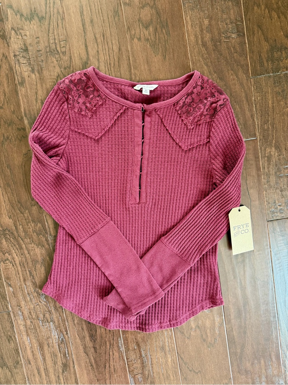 FRYE AND CO. Rose Waffle Knit Lace-Shoulder Henley